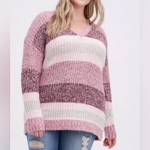 Torrid Slouchy Pullove V Neck Pink Strip Sweater